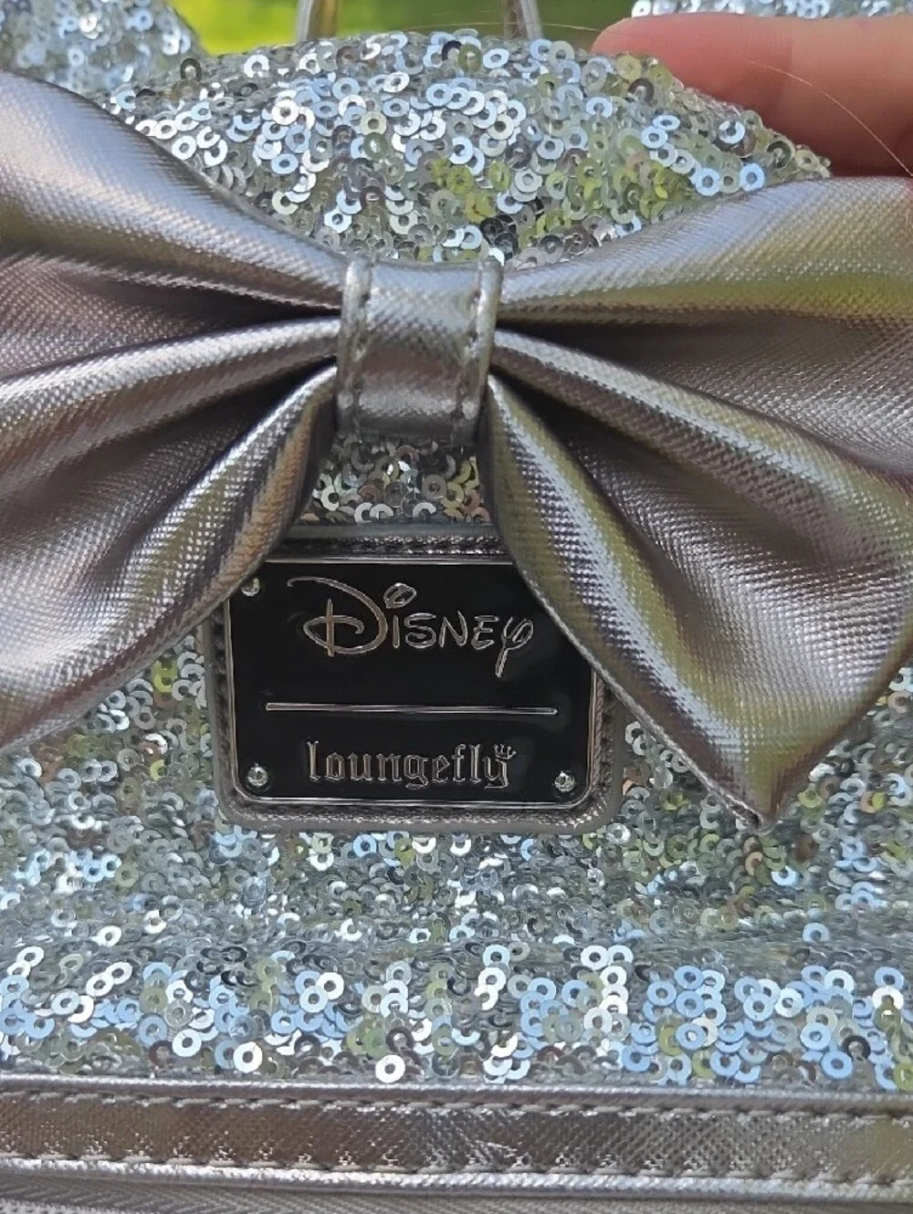 Loungefly Silver Sequin Minnie Ear Mini Backpack with Metallic Bow